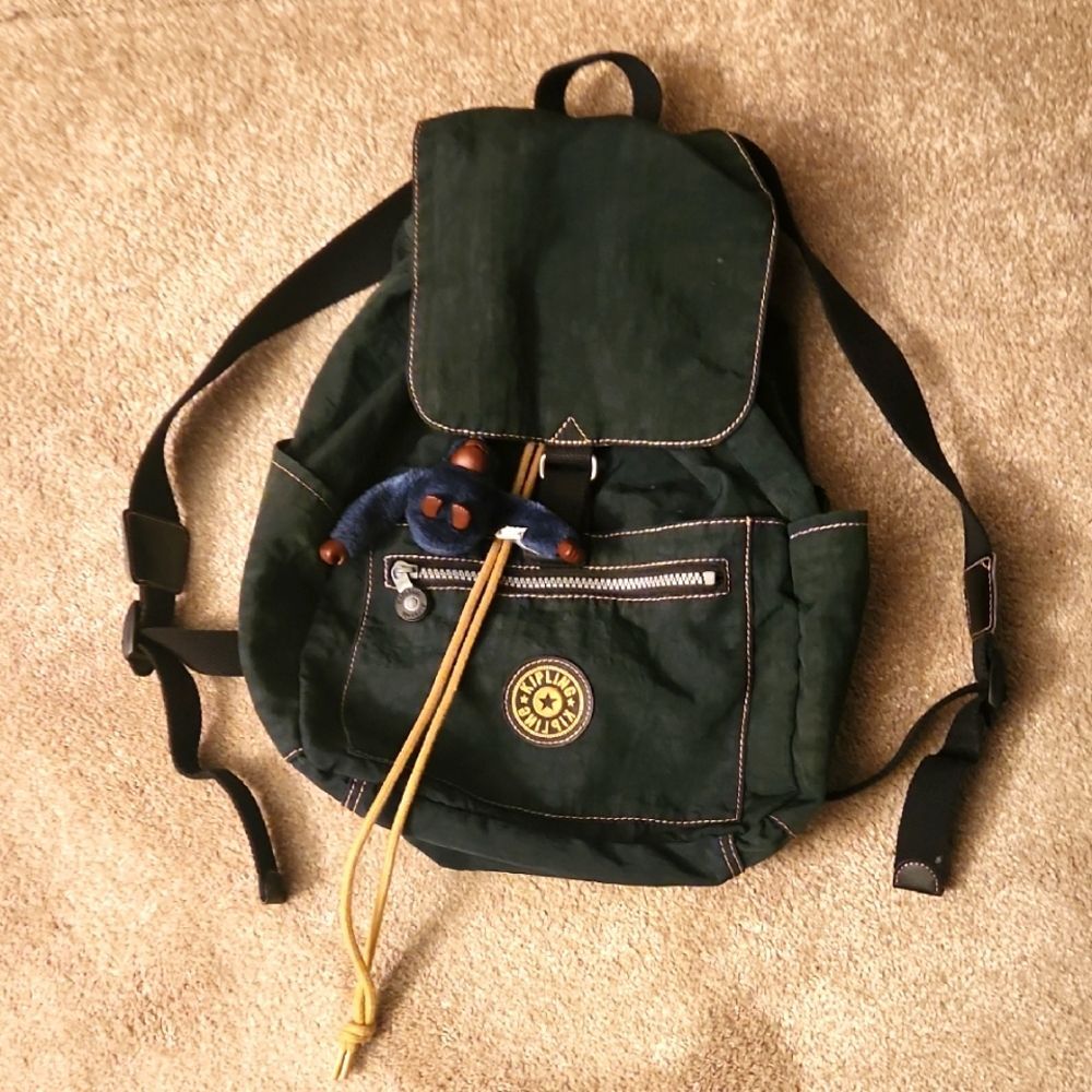 Kipling Dark Green Nylon Mini Drawstring Backpack w/ Gorilla Keychain